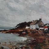 Oil on panel depicting a seaside in Brittany 20th century by Misdz