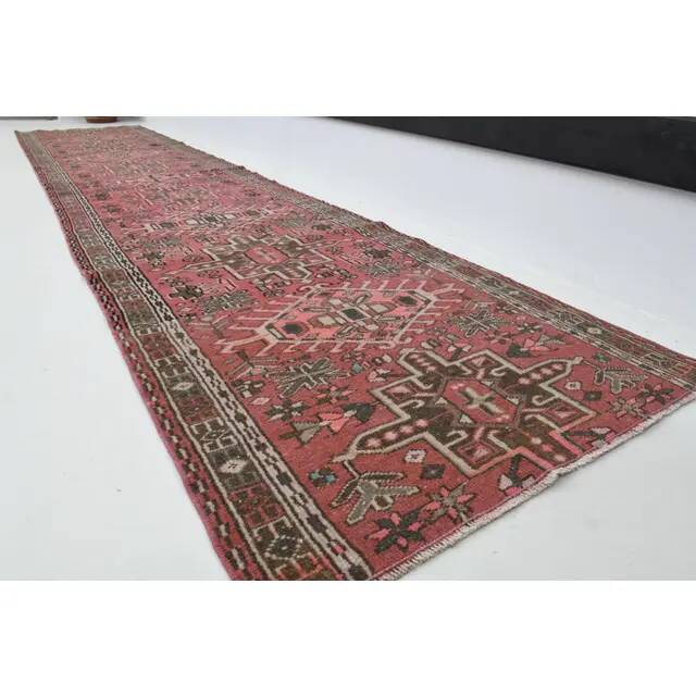 1970s Vintage Turkish Oushak Handmade Wool Cotton Pink Runner Rug 76x365