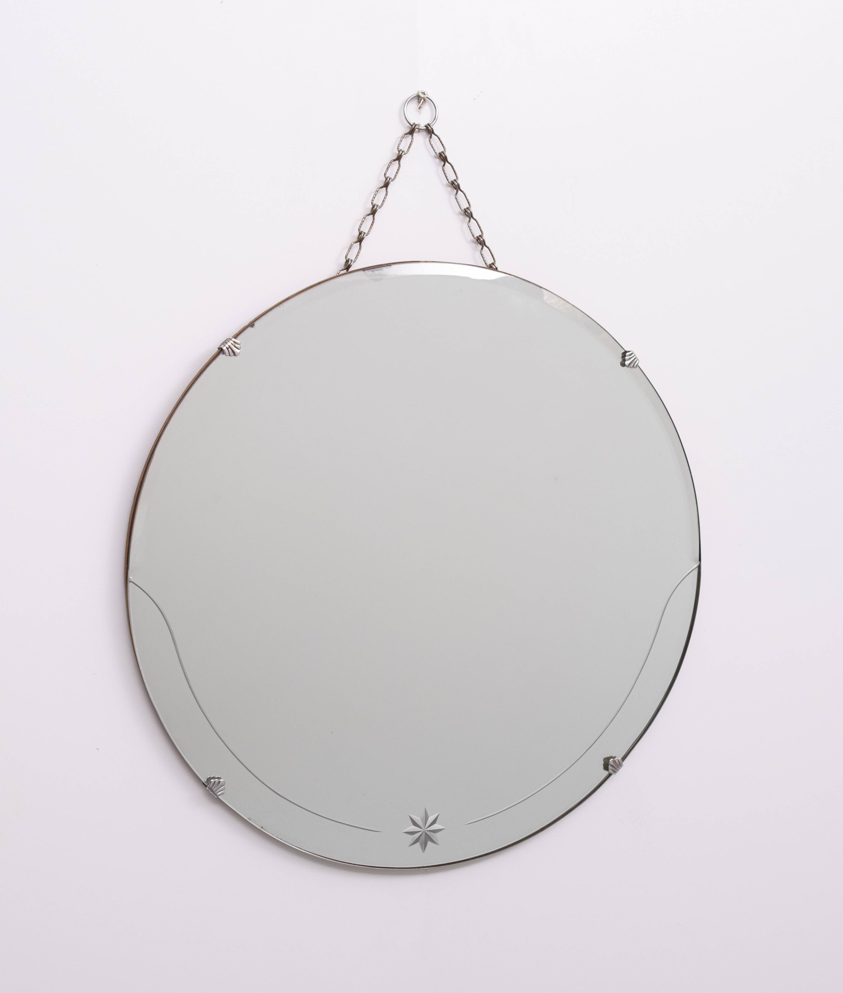 Art Deco Round Wall Mirror on chain 1930s