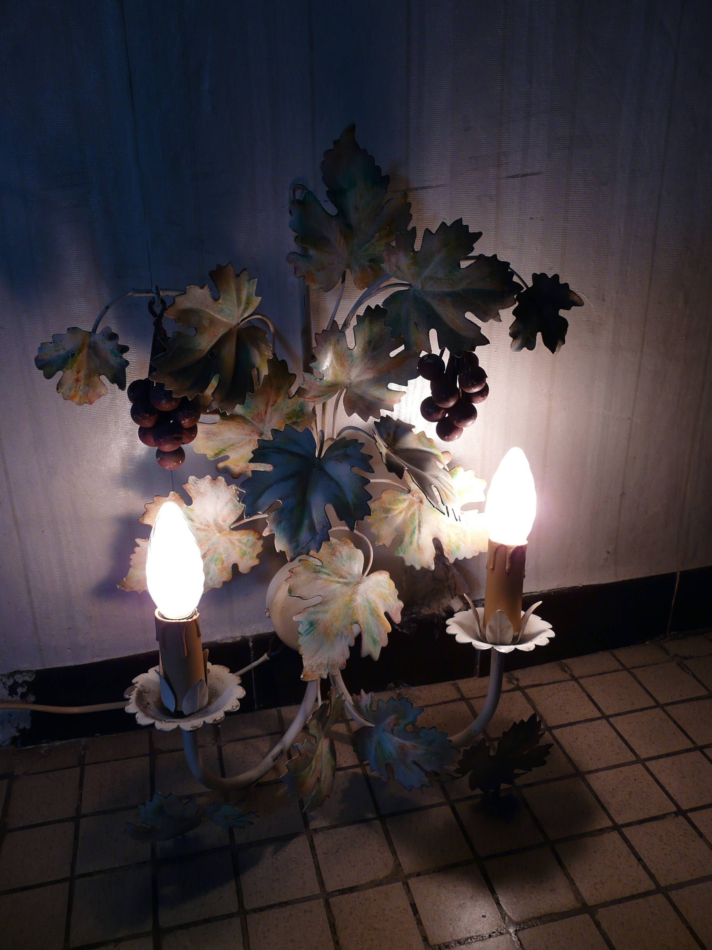 Large painted metal wall lamp with two arms vine/grape decoration