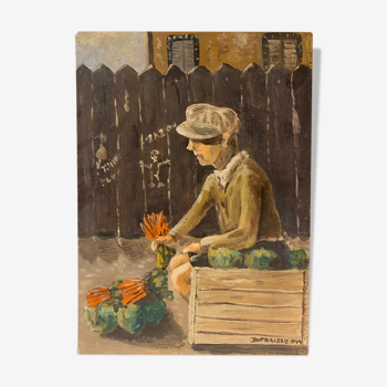 Old painting, portrait of a boy in a vegetable garden signed Dufraisse dated 1944