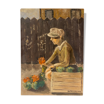 Old painting, portrait of a boy in a vegetable garden signed Dufraisse dated 1944