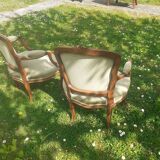 Pair of Rocaille style armchairs in green fabric and walnut, 19th century