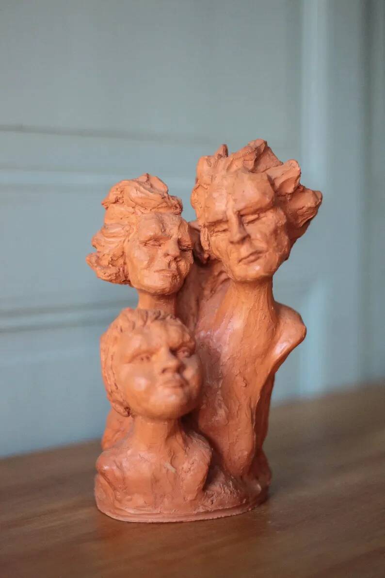Sculpture signed Doloire, terracotta sculpture with 3 faces, candlestick sculpture, collection, interior decoration.