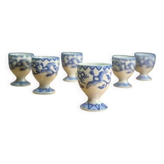 6 Japanese porcelain egg cups signed with blue bird flower geometry patterns