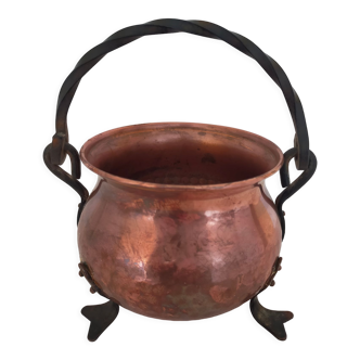 Hammered pedested copper cauldron with wrought iron handle