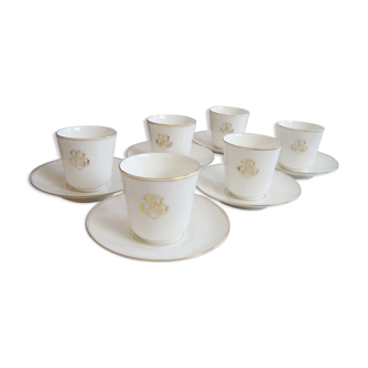 Set of 6 cups and saucers in monogrammed porcelain