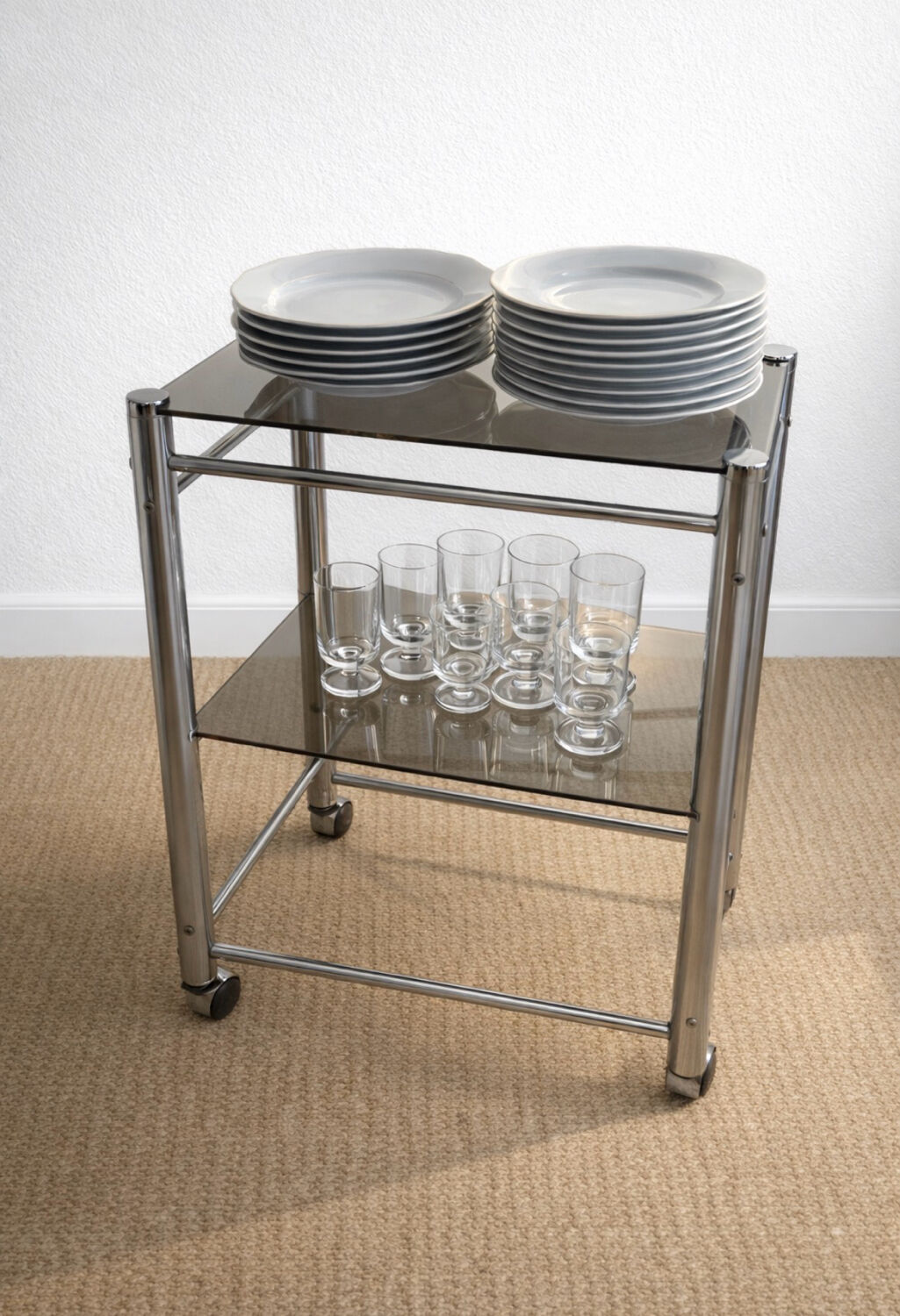 Chrome metal and glass wheeled dessert trolley