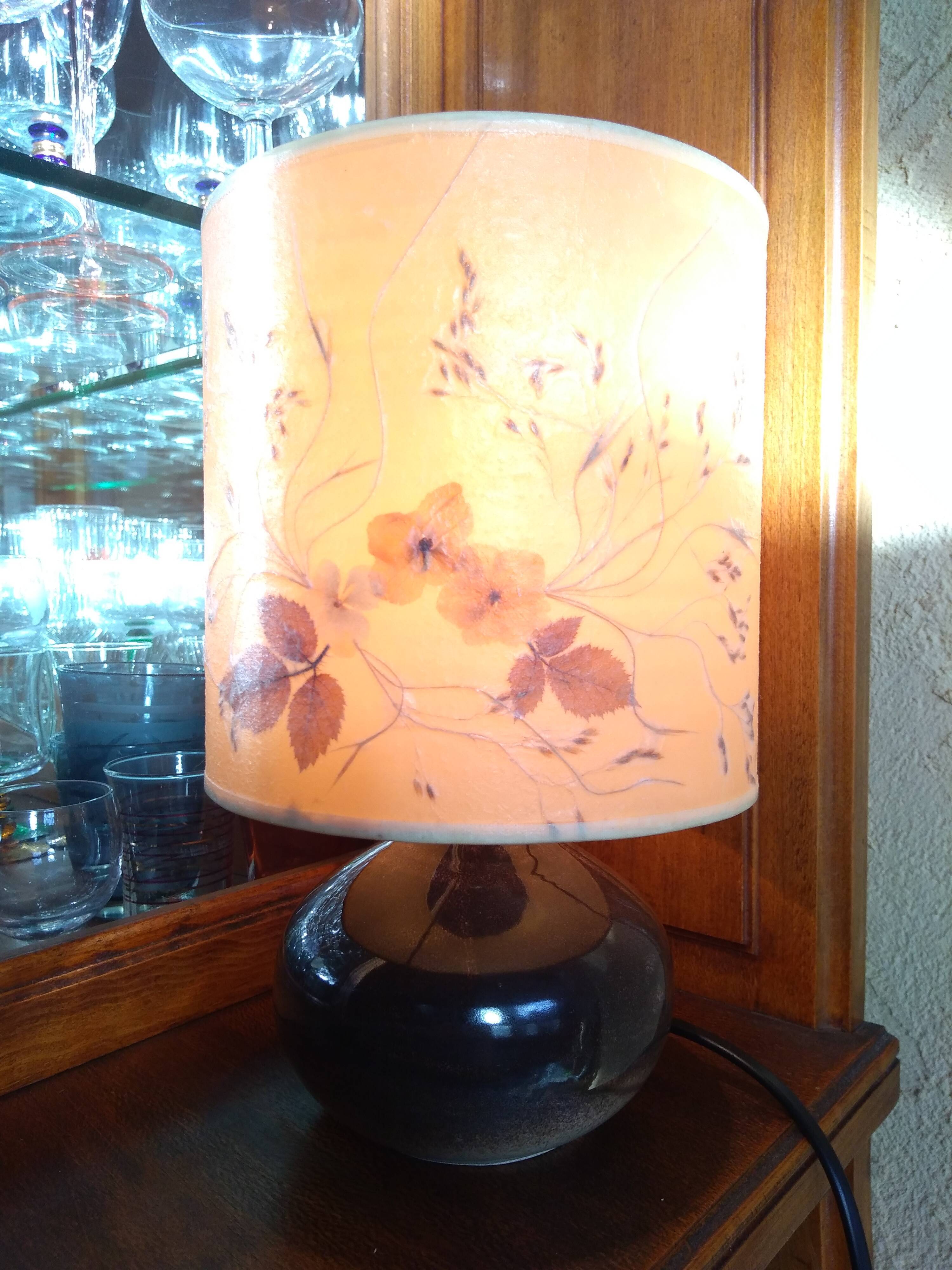 Paire de lampes en grès 70 abat-jour inclusion fleurs séchées