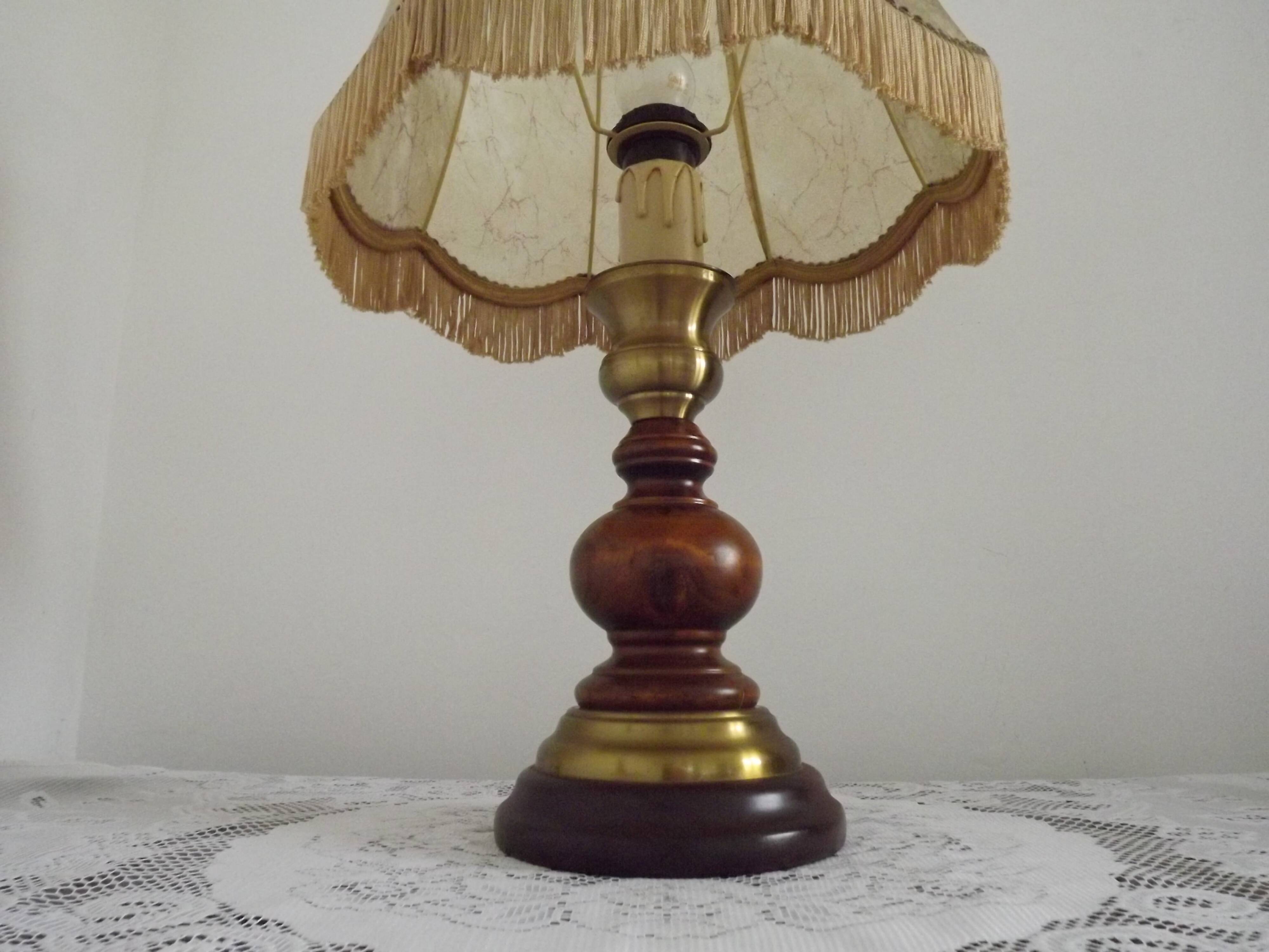 French Mid-Century Brass and Turned Wood Table Lamp with Hide Skin Shade