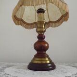 French Mid-Century Brass and Turned Wood Table Lamp with Hide Skin Shade