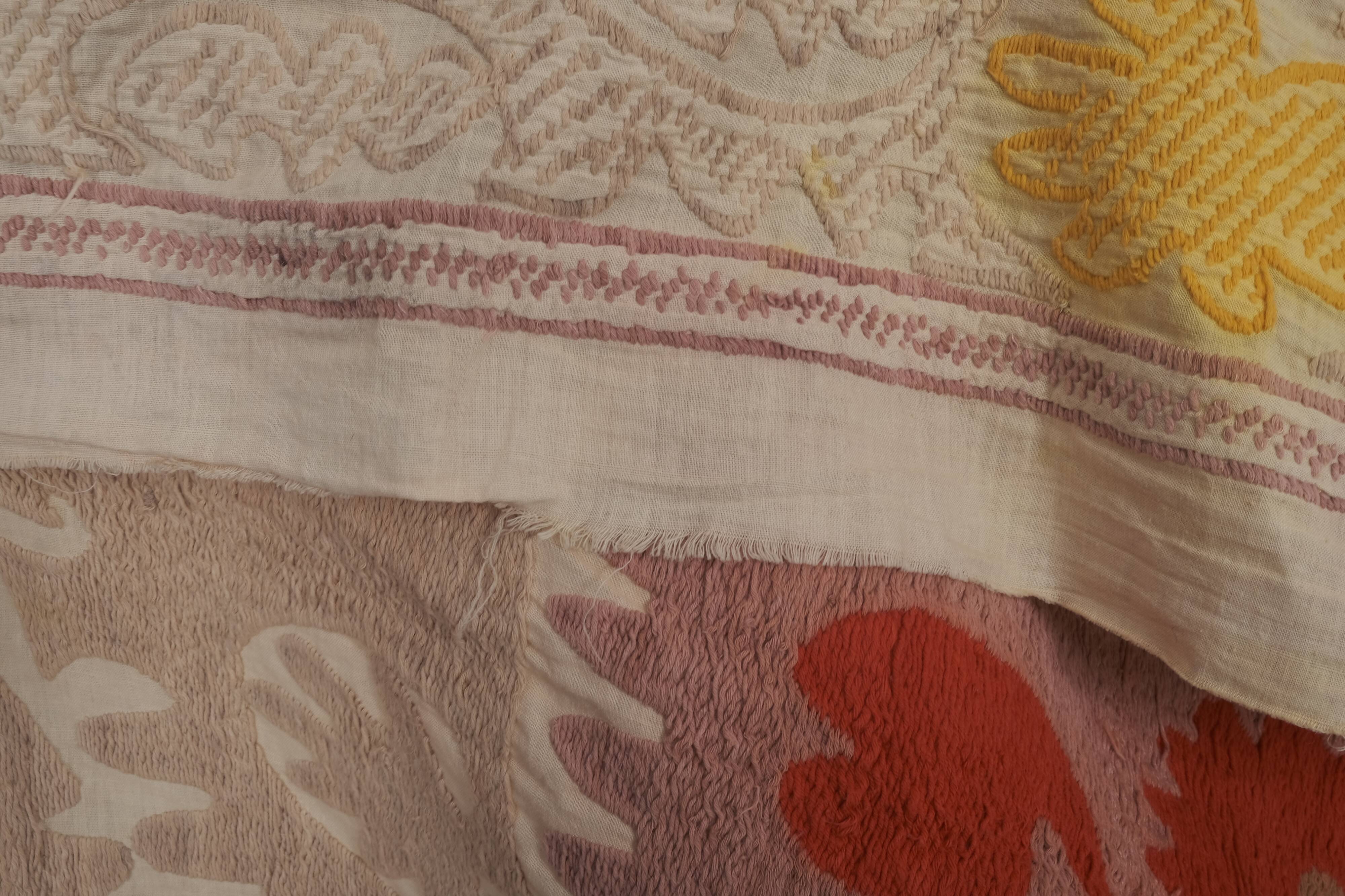 Embroidered tan suzani table cover, vintage tan and pink old embroidery textile