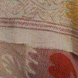 Embroidered tan suzani table cover, vintage tan and pink old embroidery textile