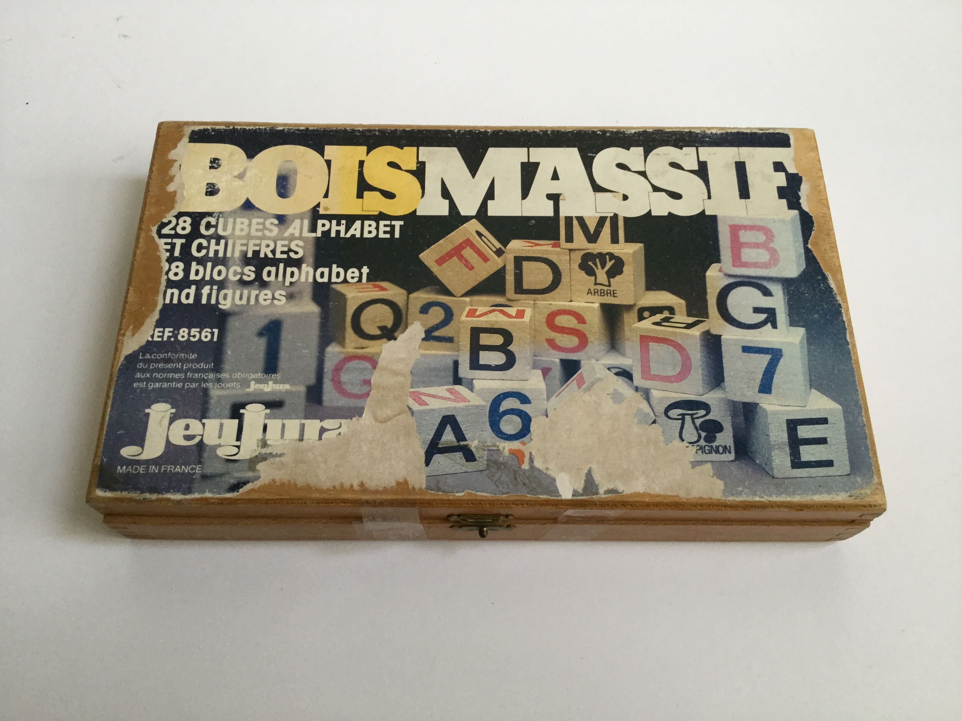 Ancient wooden toy cubes alphabet, figures and pictures