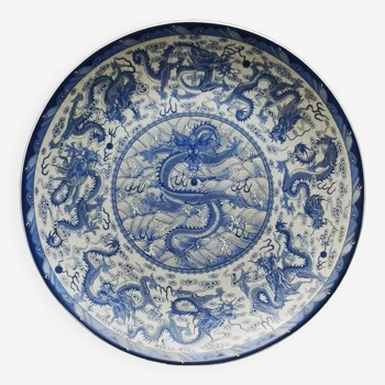 Ming Chenghua Style Porcelain Blue and White Nine Dragon Plate Chinese Palace Gift