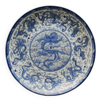 Ming Chenghua Style Porcelain Blue and White Nine Dragon Plate Chinese Palace Gift