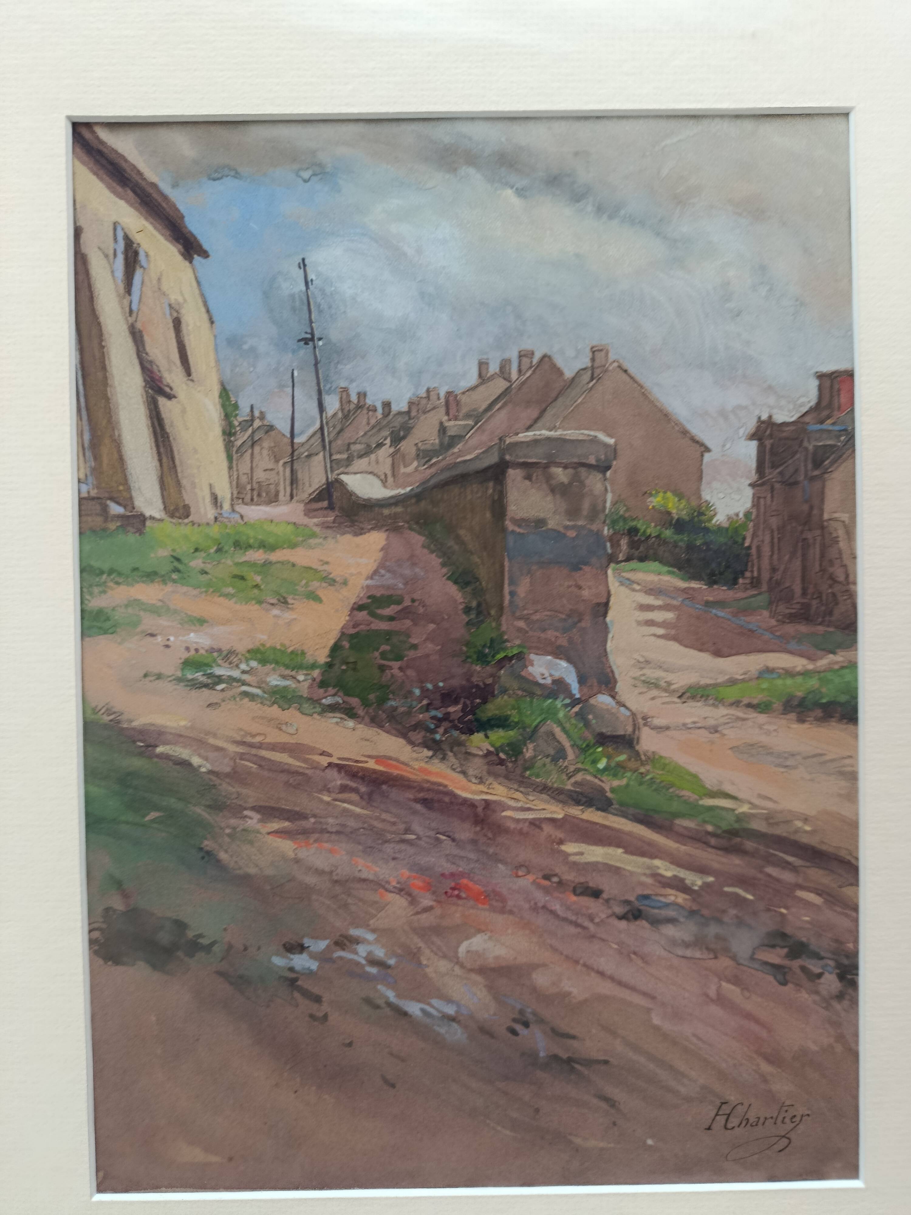 Watercolor by henri chartier: village streets around 1900, military painter