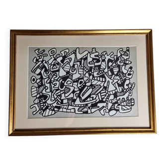 Framed silkscreen print after Jean Dubuffet, black and white, 1970s, 42 x 30 cm