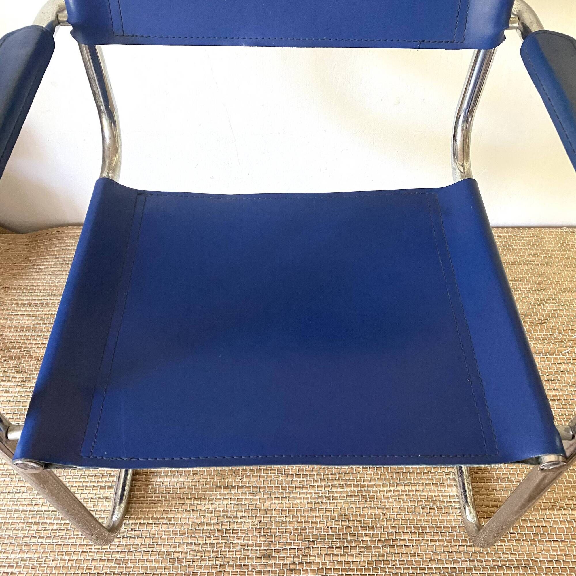Office chair in blue imitation leather and chrome metal, Matteo Grassi style