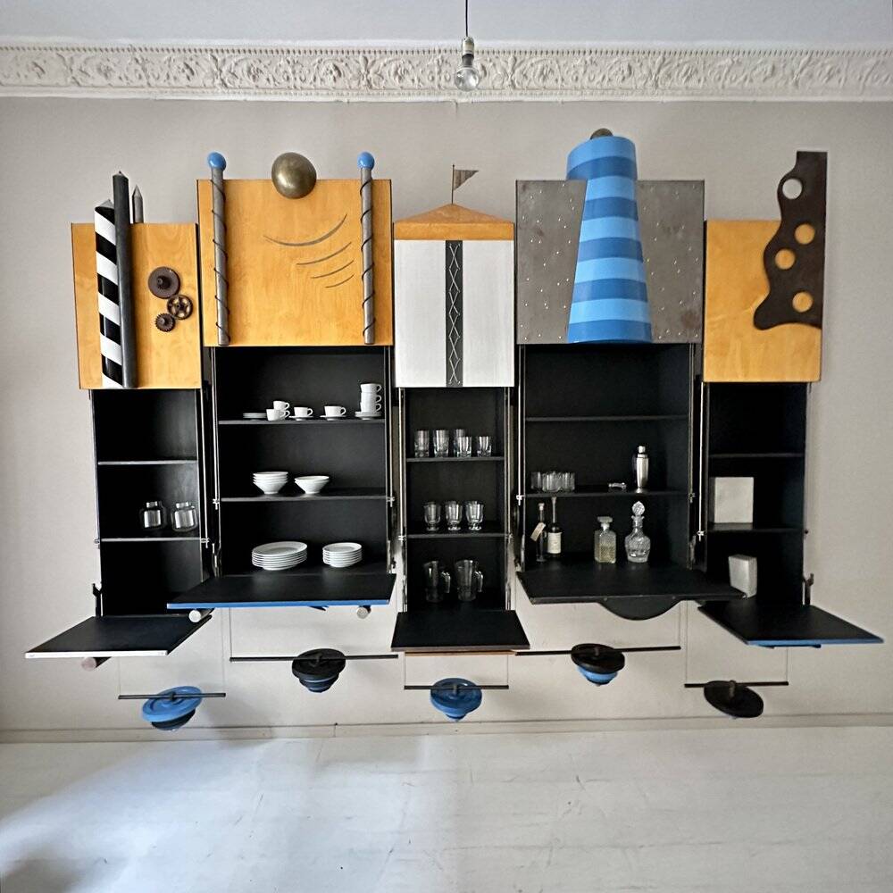 Large Postmodern Wall Unit in Metal and Lacquered Plywood, 1980s