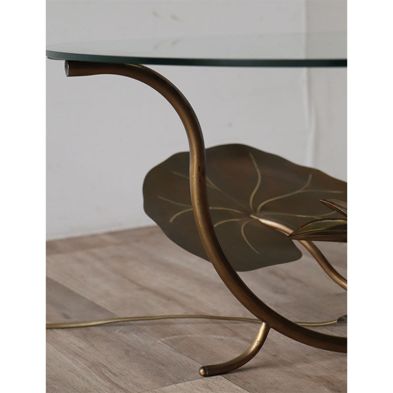 Illuminated vintage coffee table decorated with brass water lilies 1970