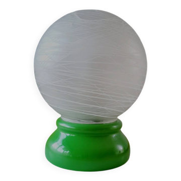 Vintage French table lamp with glass opaline shade and wooden green lamp base.