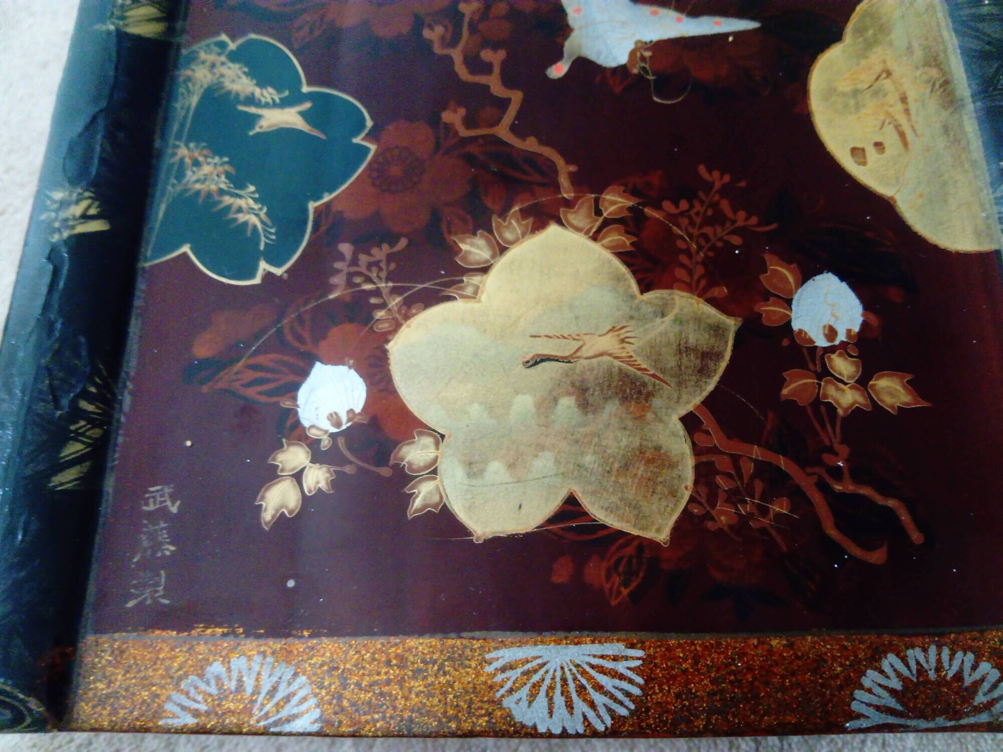 Lacquered wooden jewelry box / box with butterfly and landscape decoration