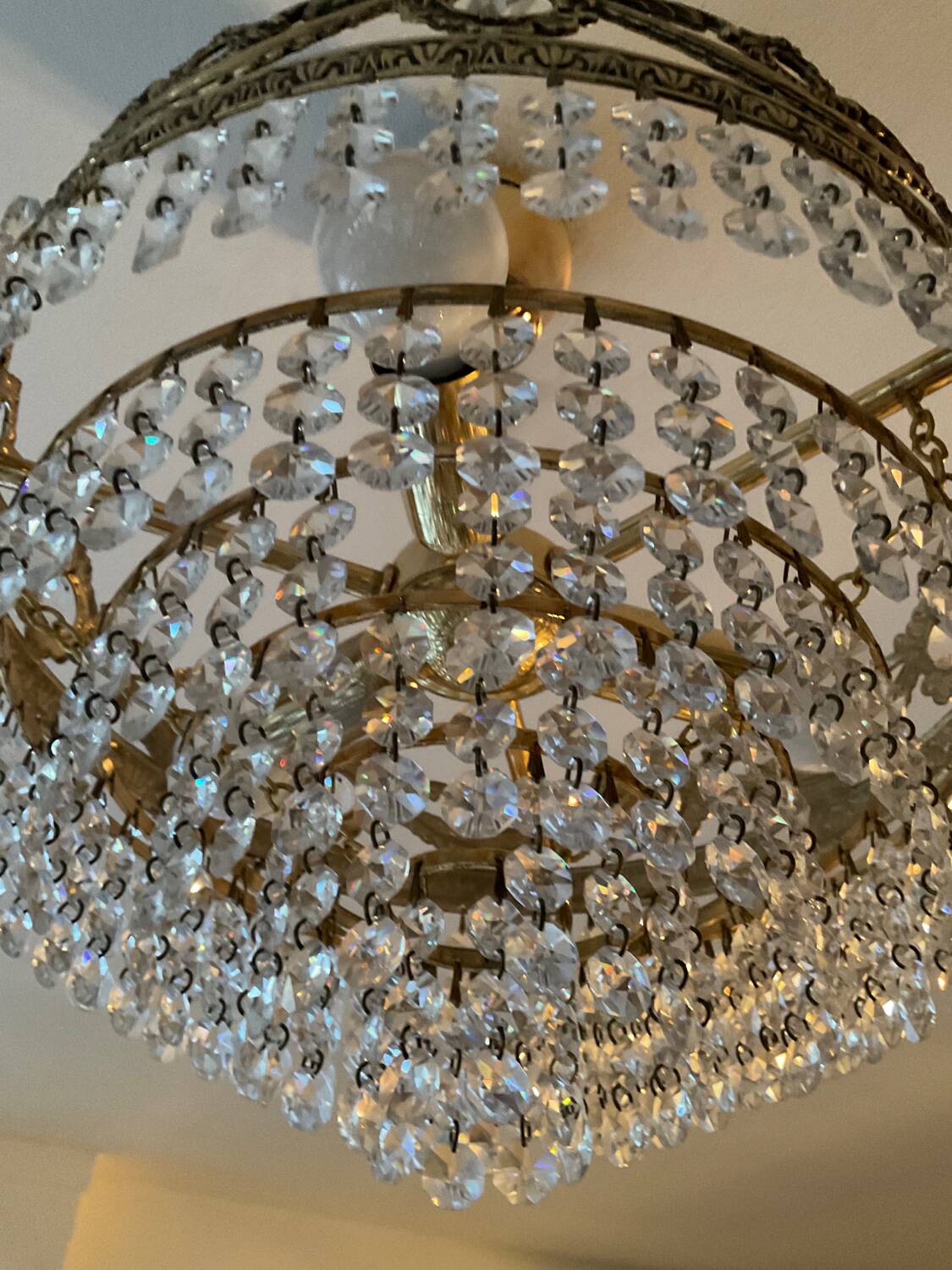 Vintage chandelier cascade of crystal and brass tassels
