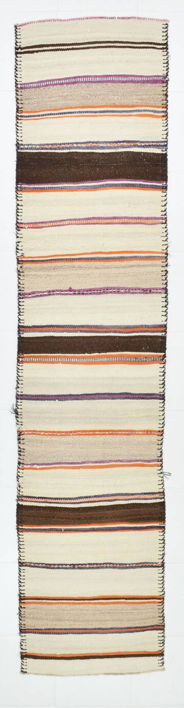 2x11 Brown & Cream Vintage Kilim Runner Rug, 75x337Cm