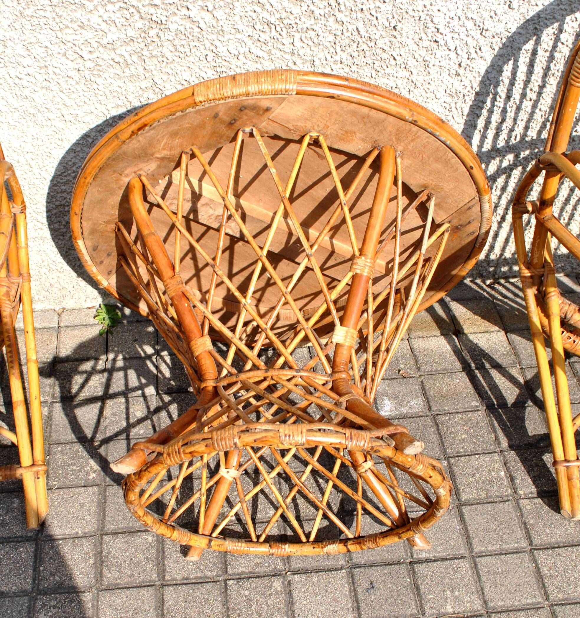 Vintage balcony garden furniture armchairs and table bamboo and rattan 1960