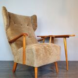 Norwegian sheepskin wing armchair with ottoman 1950