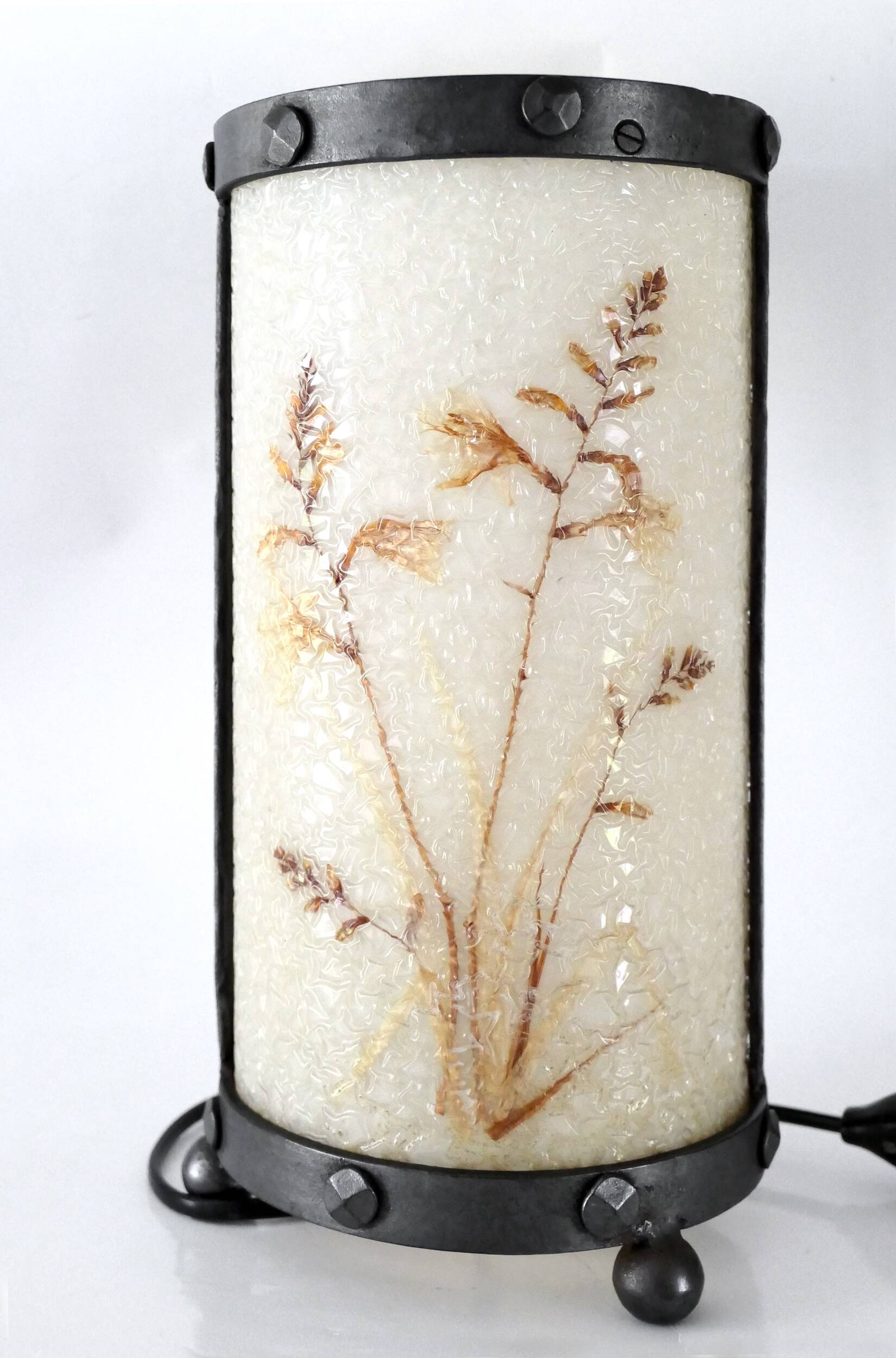 Wrought iron lamp and Perspex lampshade with herbarium decor