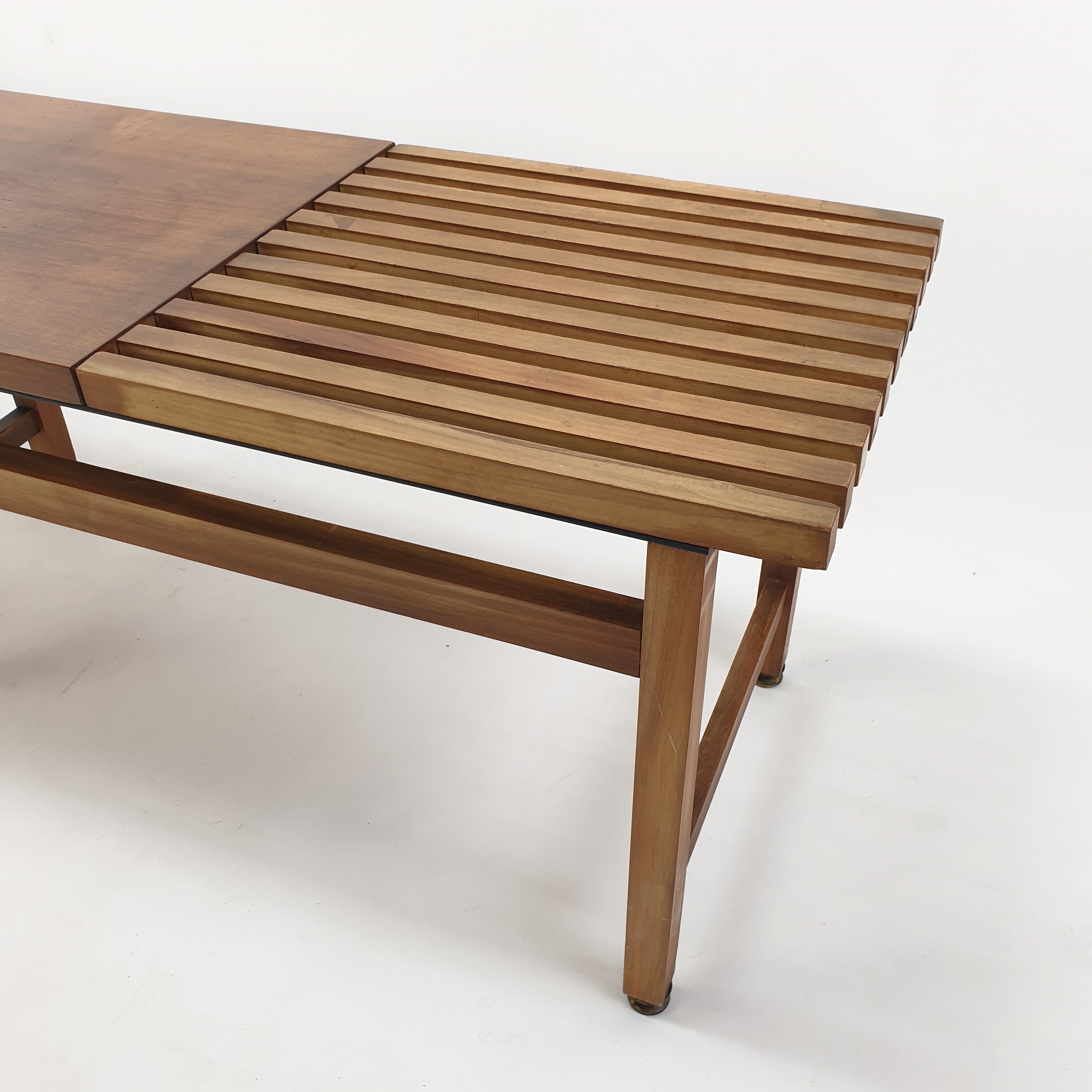 Bench in walnut and teak with brass feet, italy 1950s