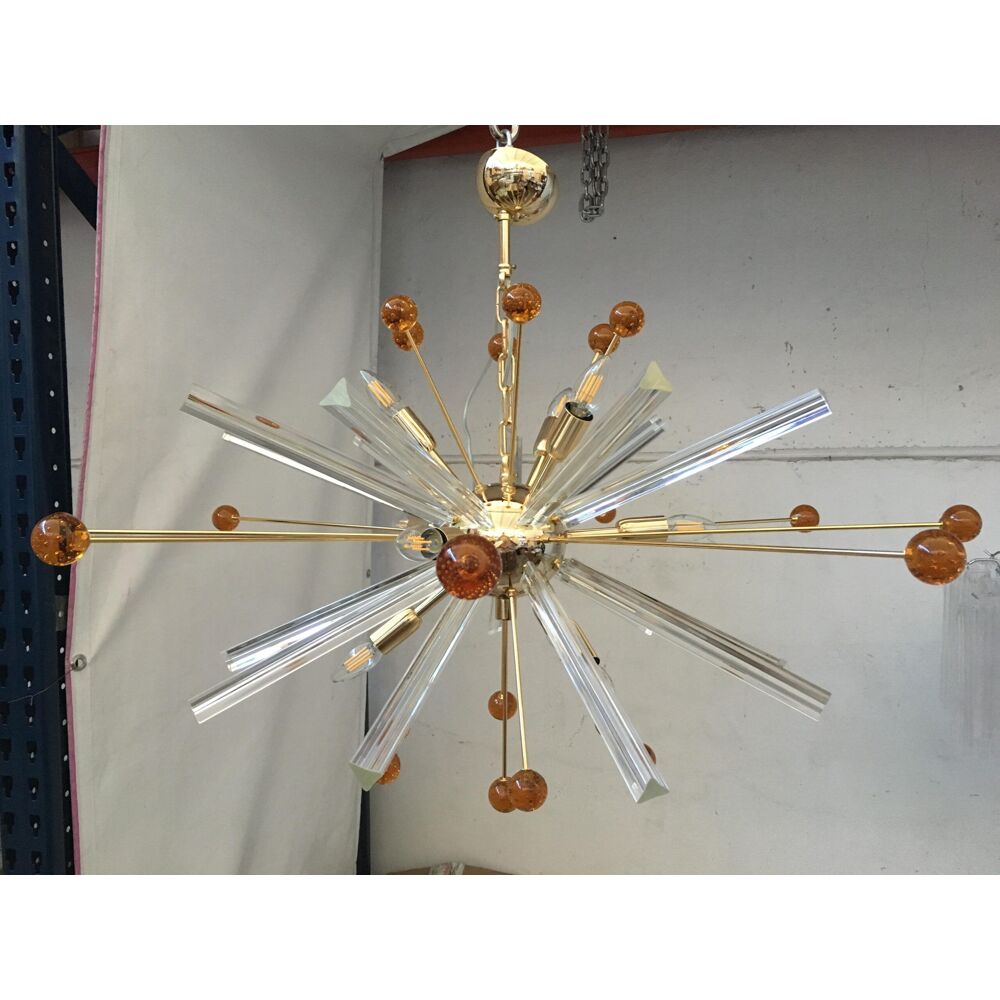 Transparent “triedro” and amber spheres murano glass oval sputnik chandelier