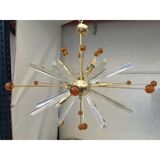 Lustre spoutnik en verre de murano transparent « triedro et sphères ambrées »
