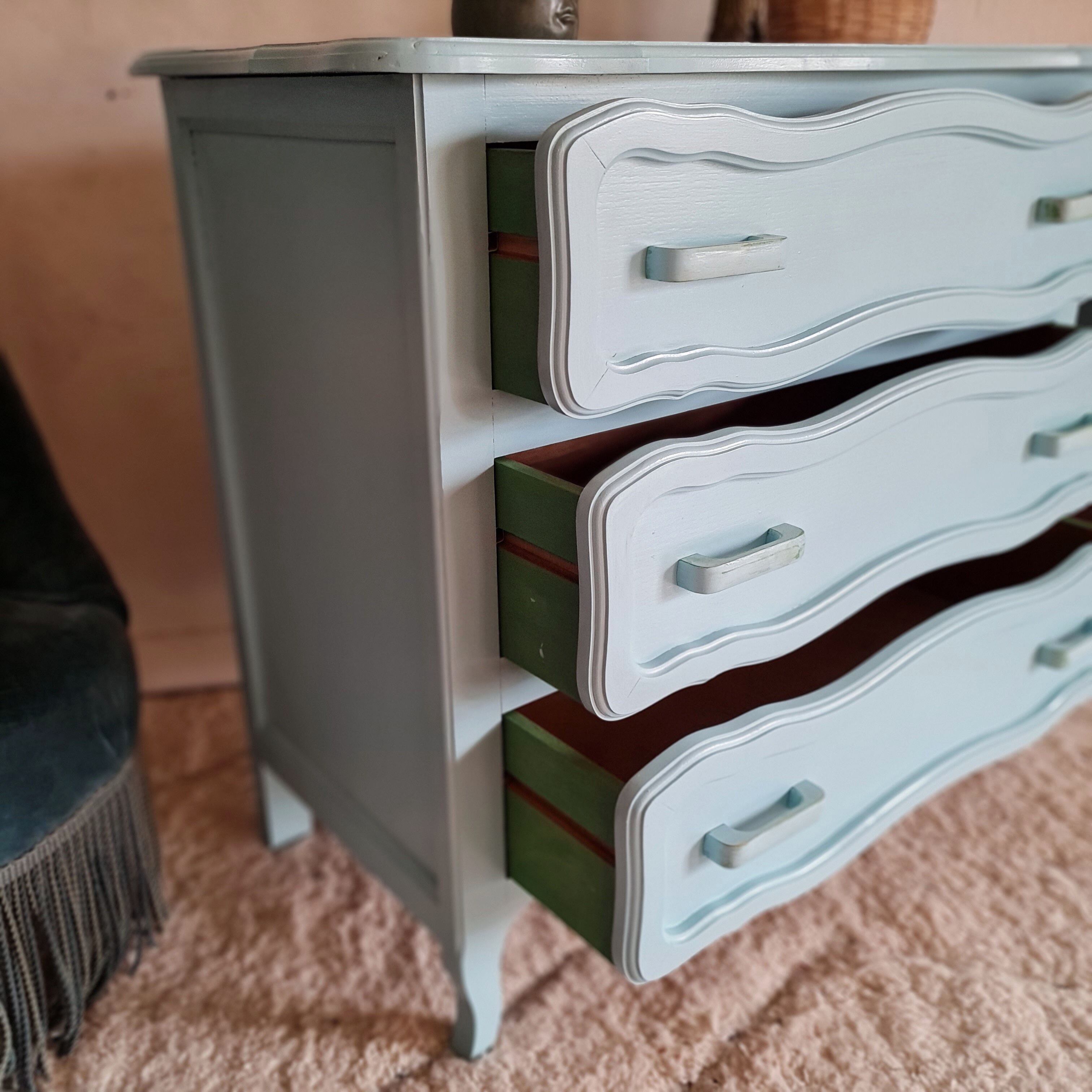 Antique chest of drawers in light blue wood