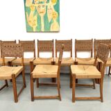 Série de dix chaises en orme massif tressées main, France circa 1965