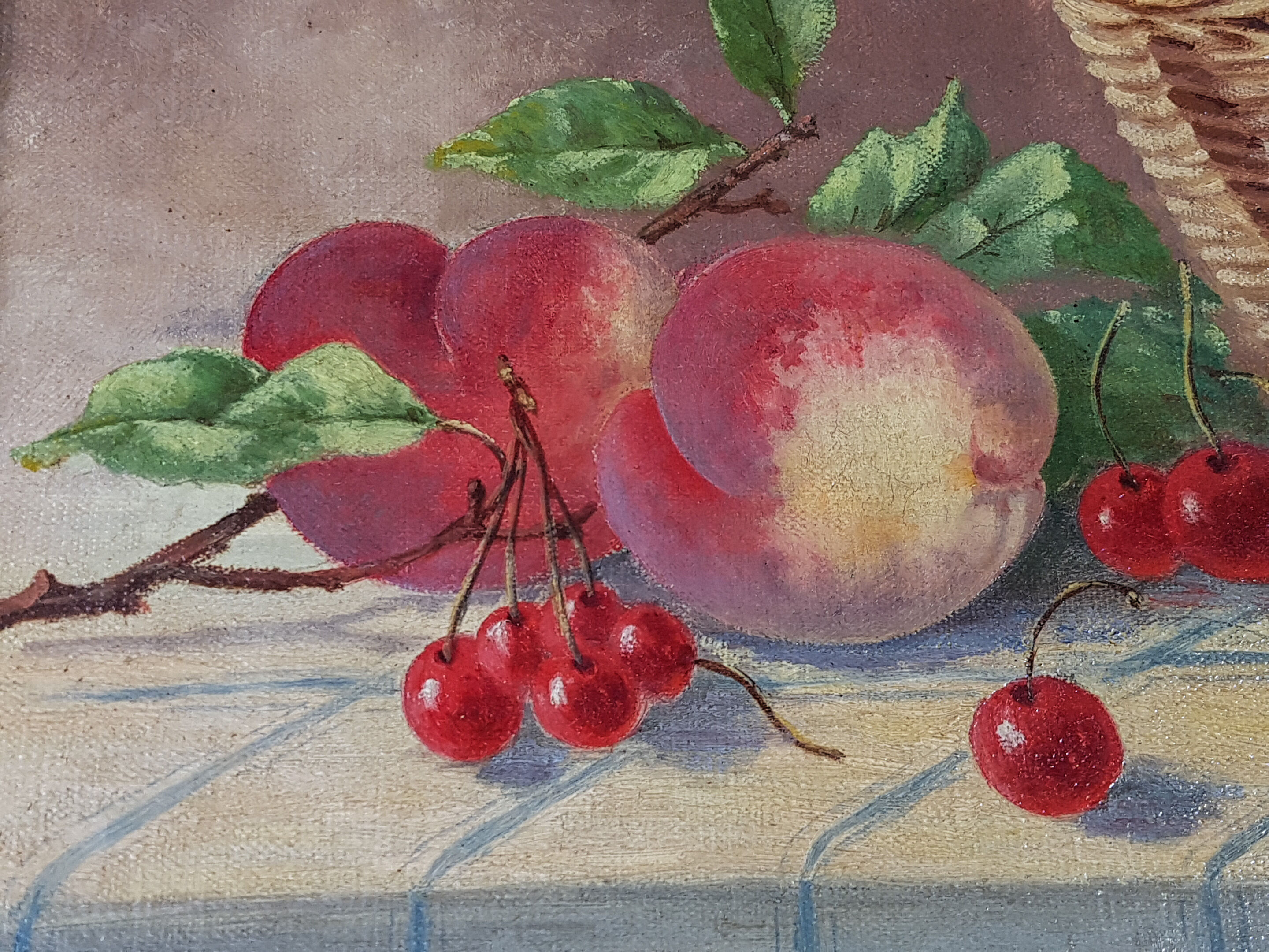 Ancient still life with cherries - peaches Oil on canvas 59x50 cm