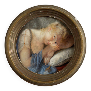 19th century miniature of a young girl with her head resting on a cushion