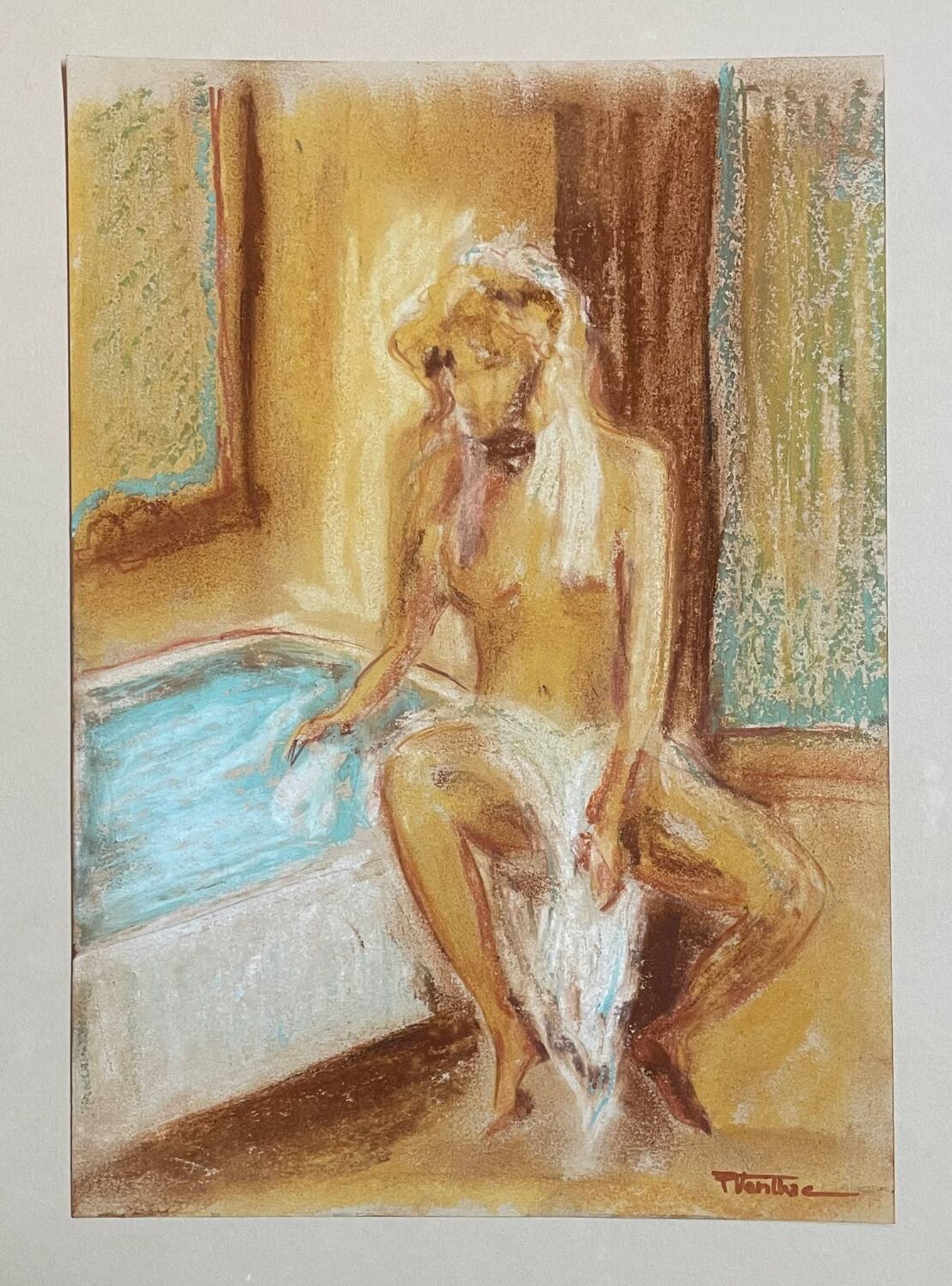 Tableau signé pastel  portrait féminin « le bain »