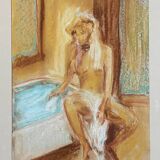 Tableau signé pastel  portrait féminin « le bain »