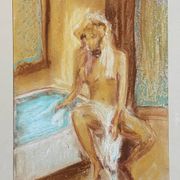 Tableau signé pastel  portrait féminin « le bain »