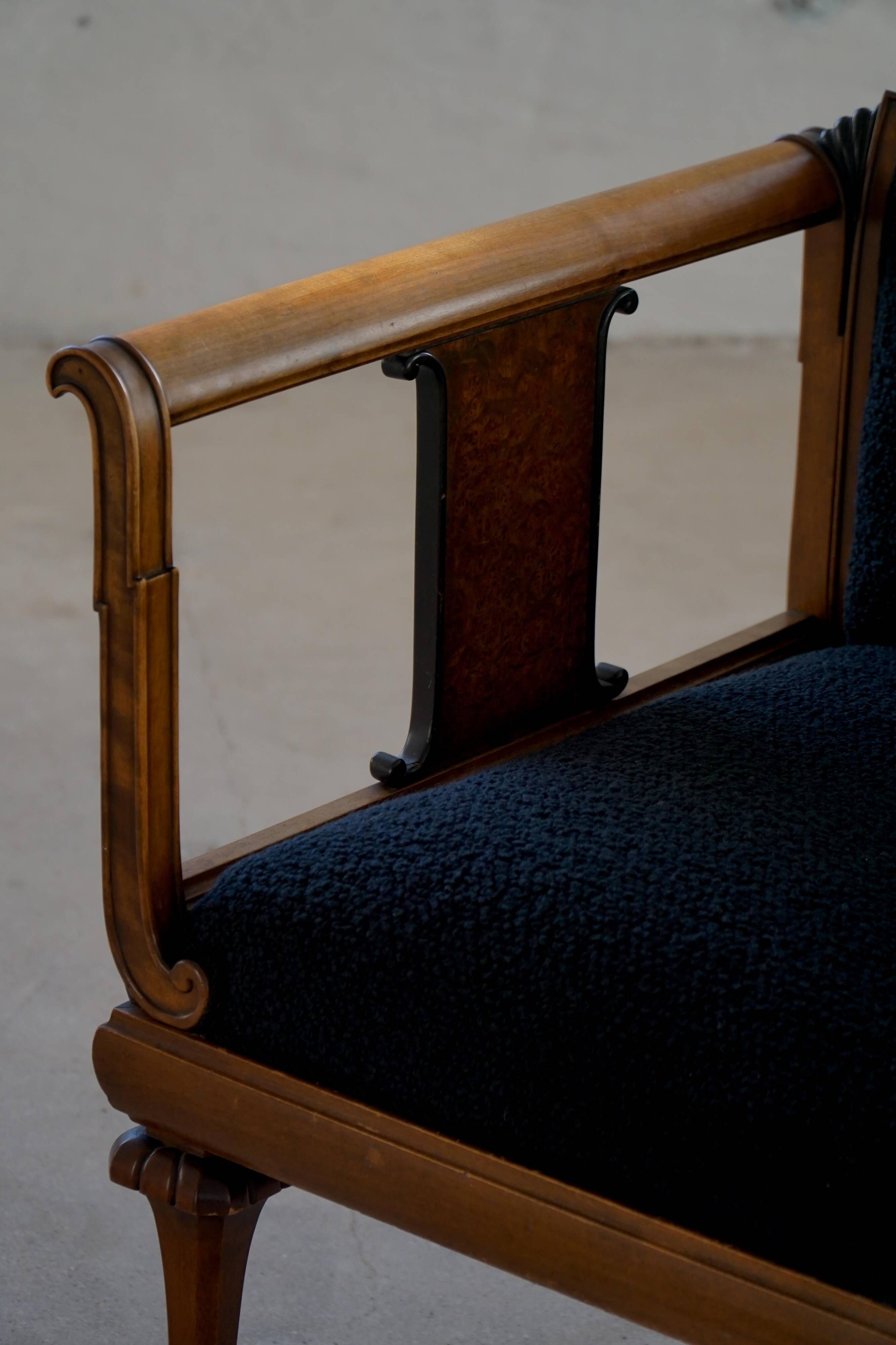 Early 20th century Danish Art Nouveau armchair, reupholstered in charcoal boucle.
