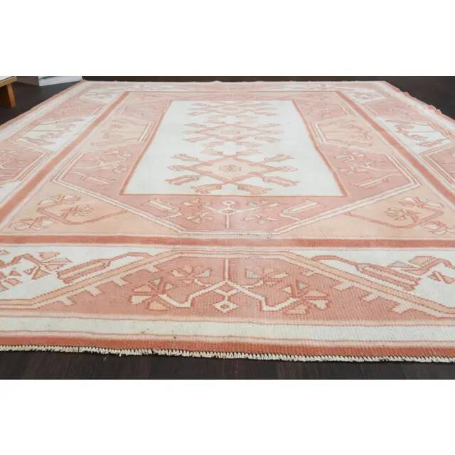 1970s Vintage Turkish Oushak Handmade Wool Cotton Pink Area Rug  168x220