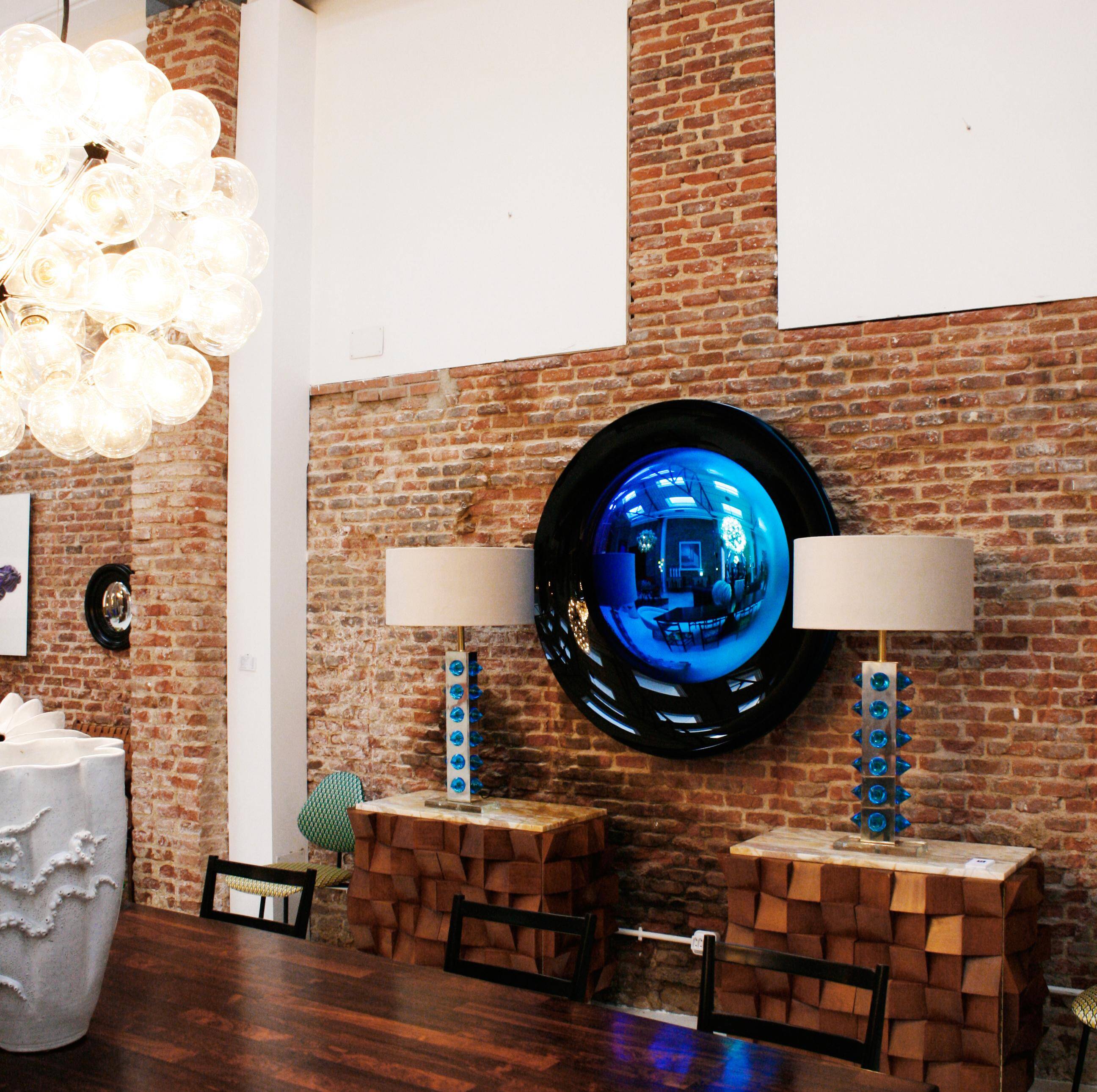 Modern Sculptural Concave Black and Blue Handmade Glass French Mirror