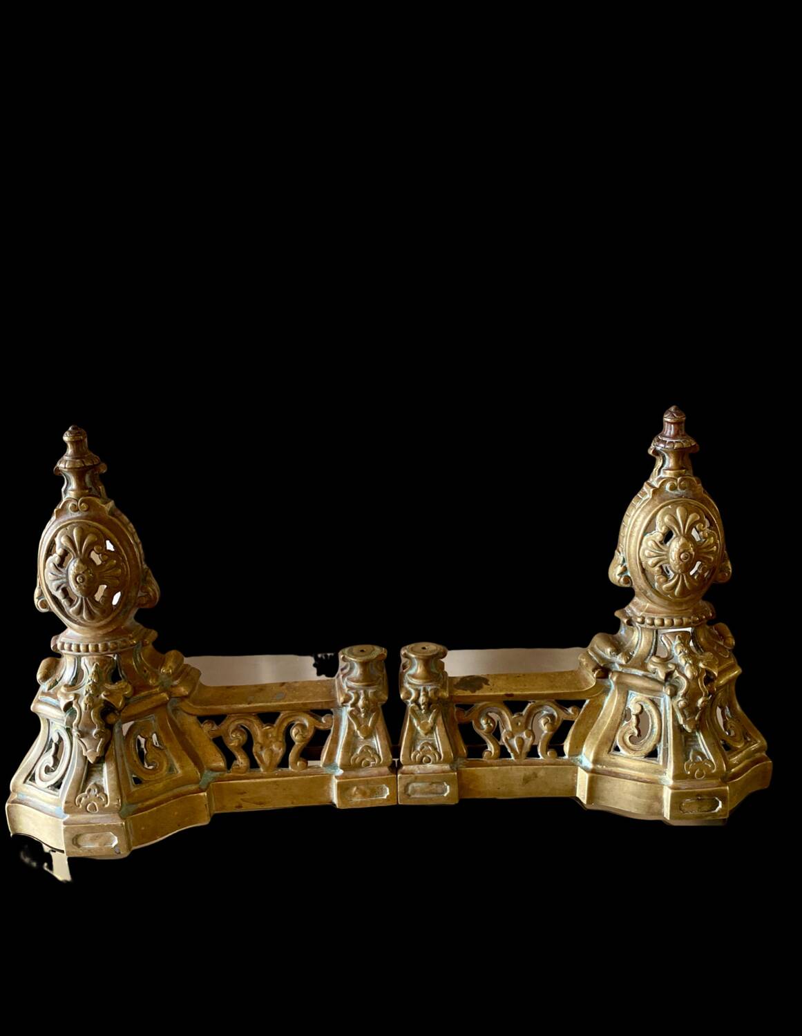 3 gilded bronze fireplace accessories 2 andirons and 1 fire bar