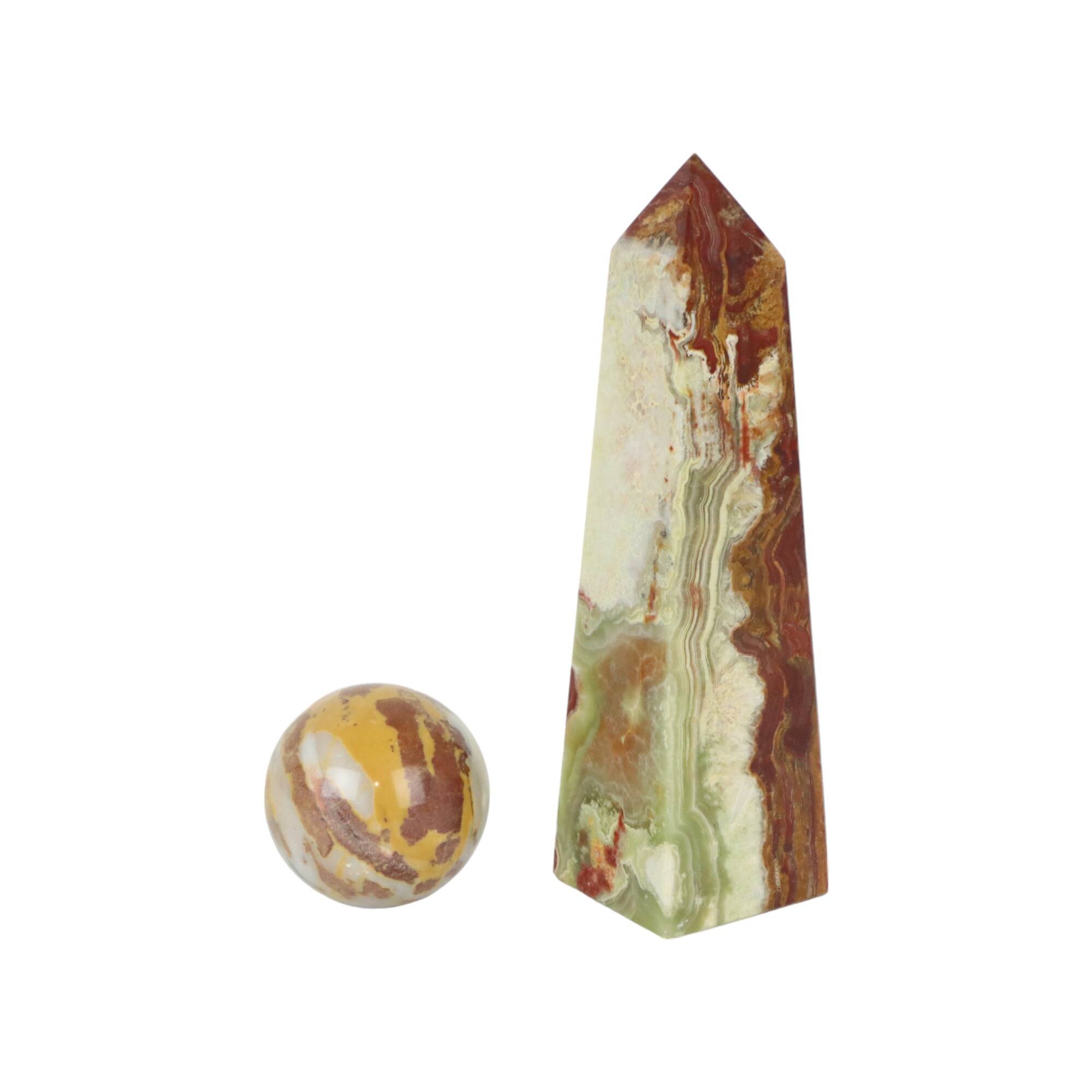 Veined onyx marble obelisk and polished sphere paperweight