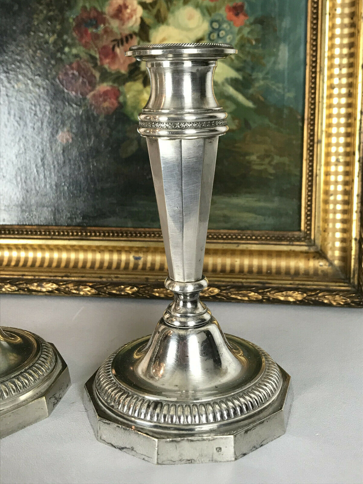 Pair of antique candlesticks in silver bronze louis XVI style
