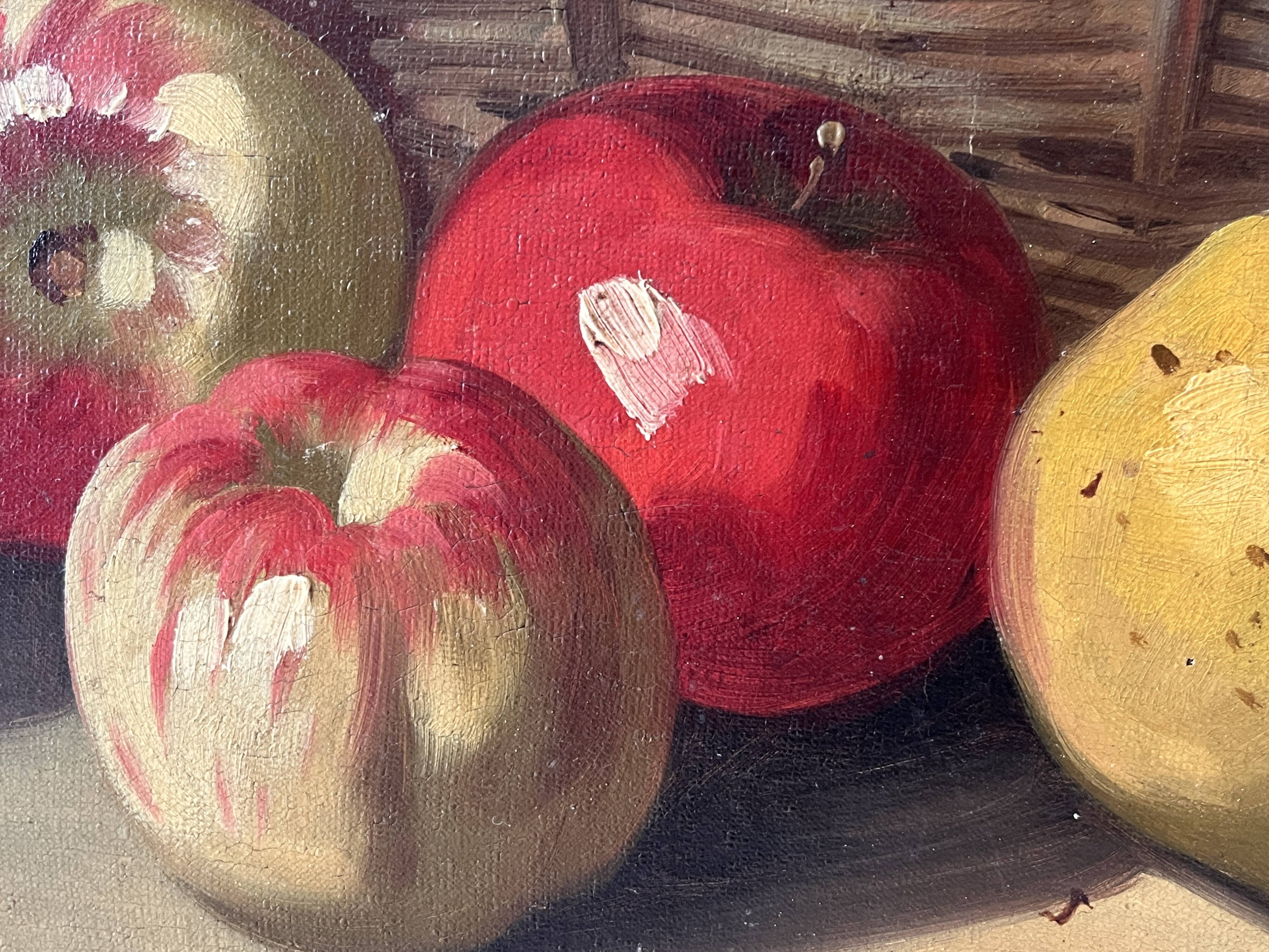 Peinture de nature morte à l'huile sur toile 1900, tableau melon et fruits