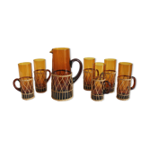 Amber glass rattan /wicker vintage 70s orangeade service, 1 carafe and 6 glasses